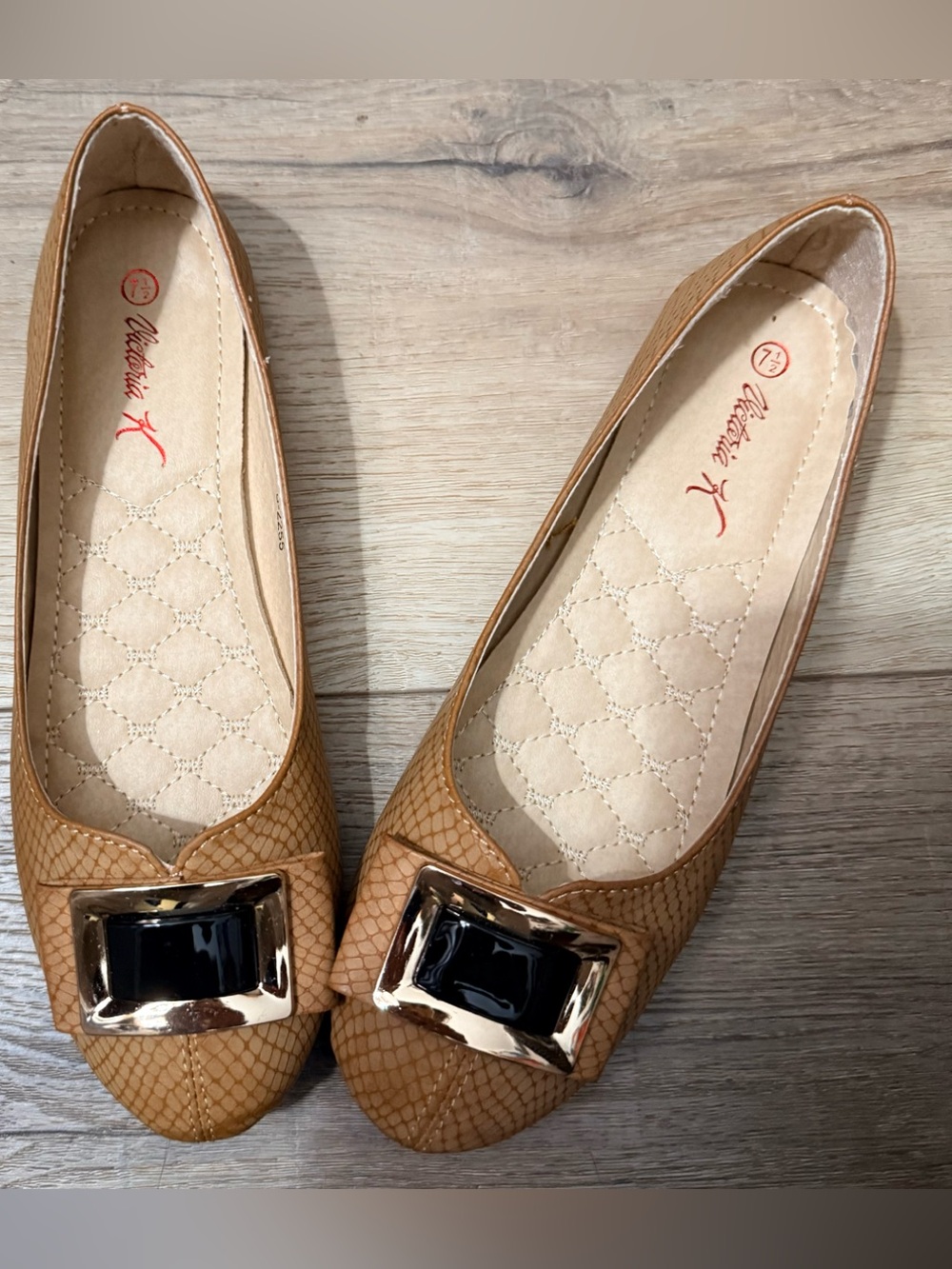 Comfort Slip-On Ballet Flats in Camel with Gold Buckle